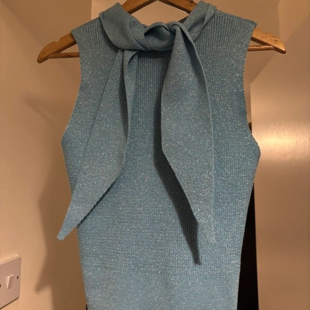 Chic Sleeveless Blue Top with Bow Accent